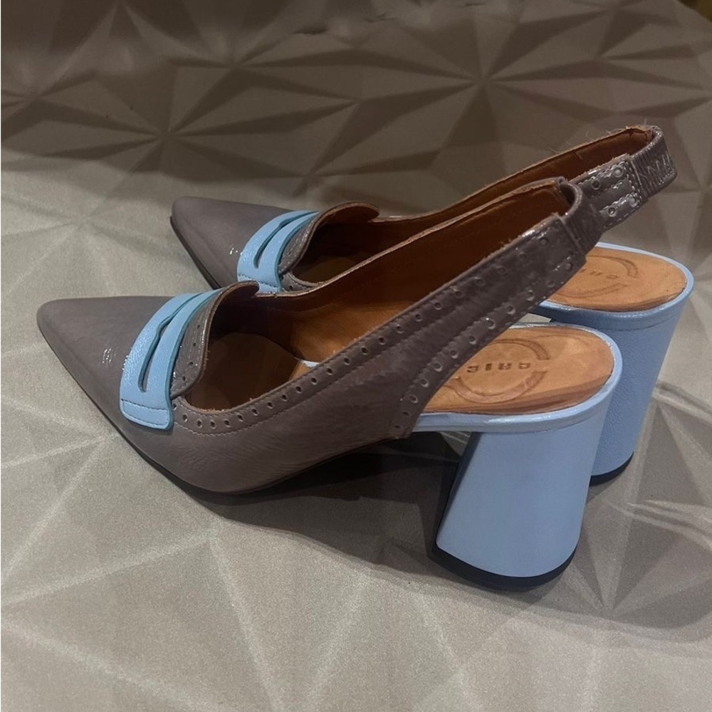 Chie Mihara Patent Leather Slingback Heels EU 36 Made in Spain Taupe & Blue NWT - Picture 6 of 9